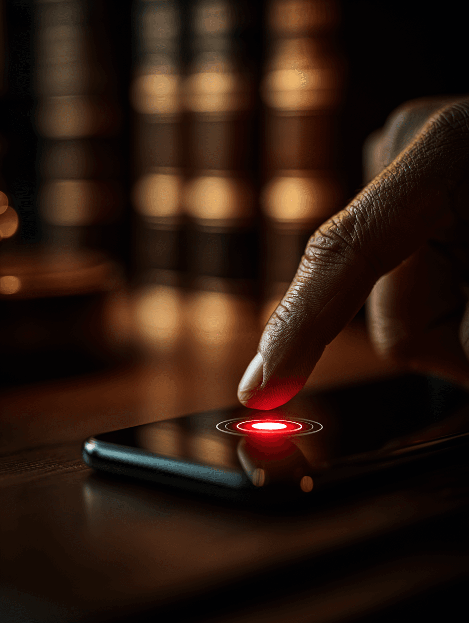 Polegar pressionando botão vermelho de gravação em celular sobre mesa de madeira escura, livros jurídicos desfocados ao fundo