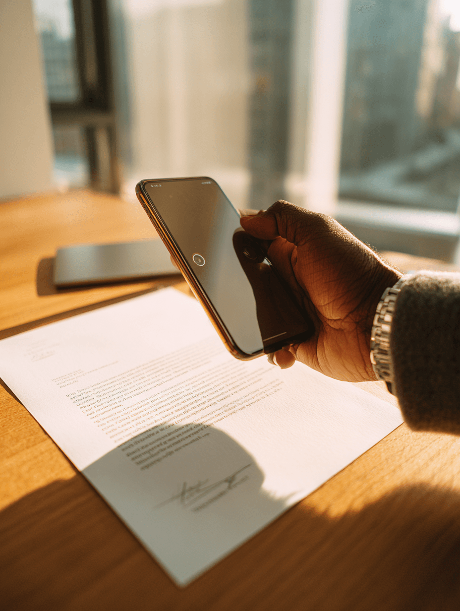 Mão de advogado pardo segurando celular acima de contrato moderno sobre mesa de walnut, luz natural e brilho discreto da tela