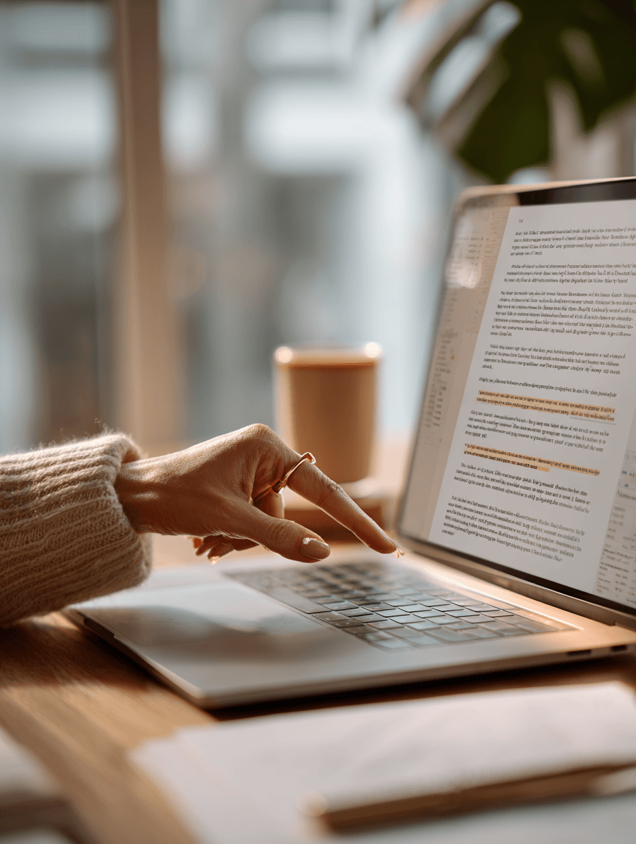 Mão de advogada asiática-brasileira revisando peça jurídica em tela de laptop slim com texto em rascunho destacado