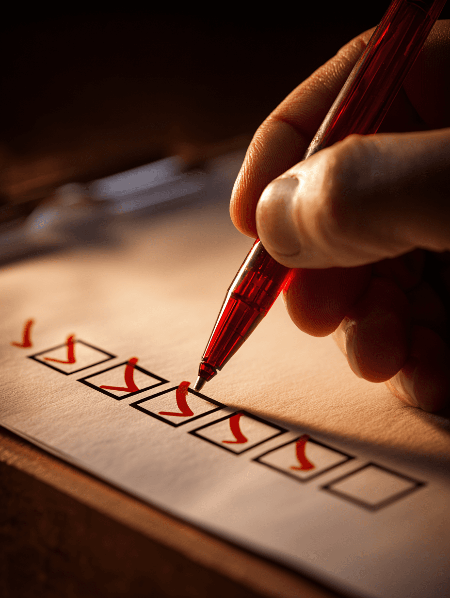 Mão marcando checkbox com caneta vermelha em lista de tarefas, várias já concluídas